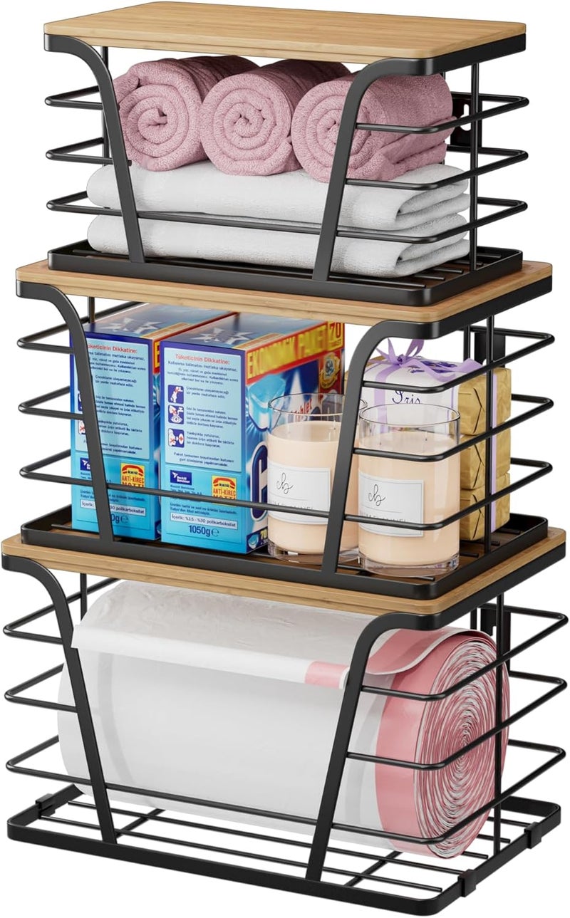 TIDIIABODE Store 3 Pack Stackable Pantry Organizer, Trash Bag Dispenser Under Sink, Kitchen Organization and Storage, Kitchen Counter Organizer, Black - Image 1